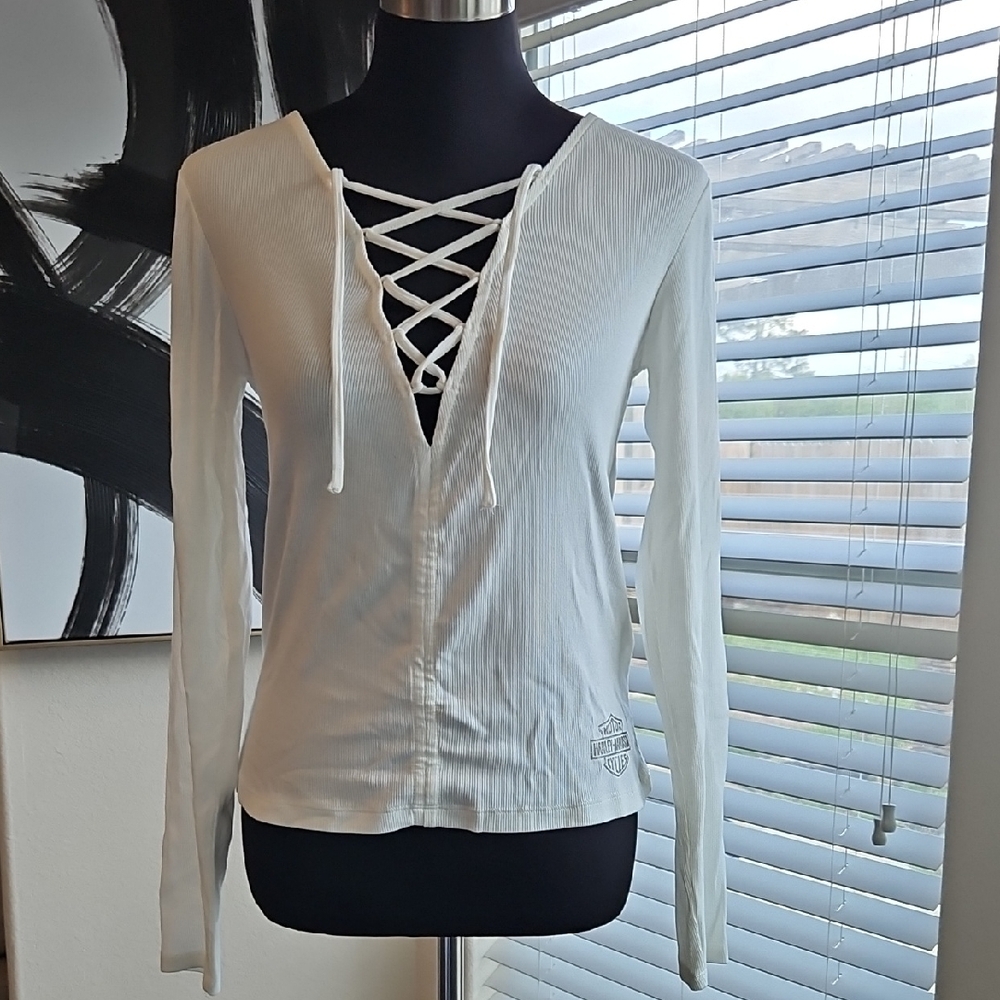 Harley-Davidson White Ribbed Lace-Up Long Sleeve Top